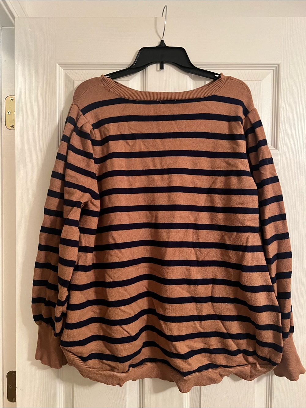 crown & ivy Tan and Navy Striped Scoop Neck Sweater